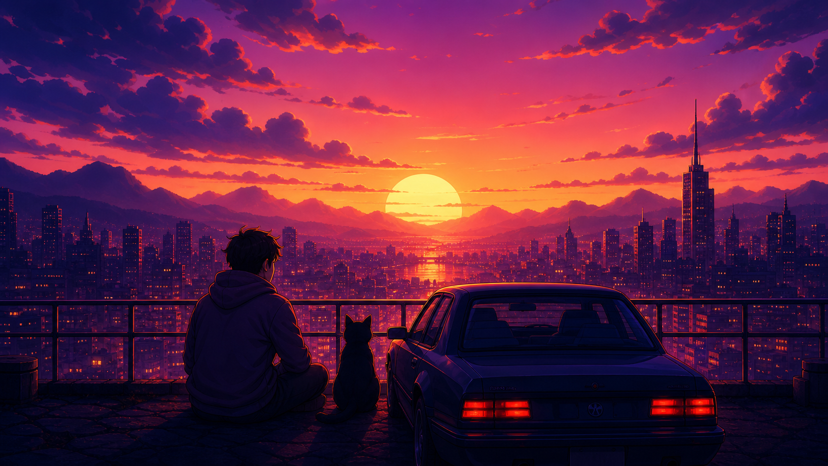 A synchronized sunset video playing in the Midnight Cinema room
